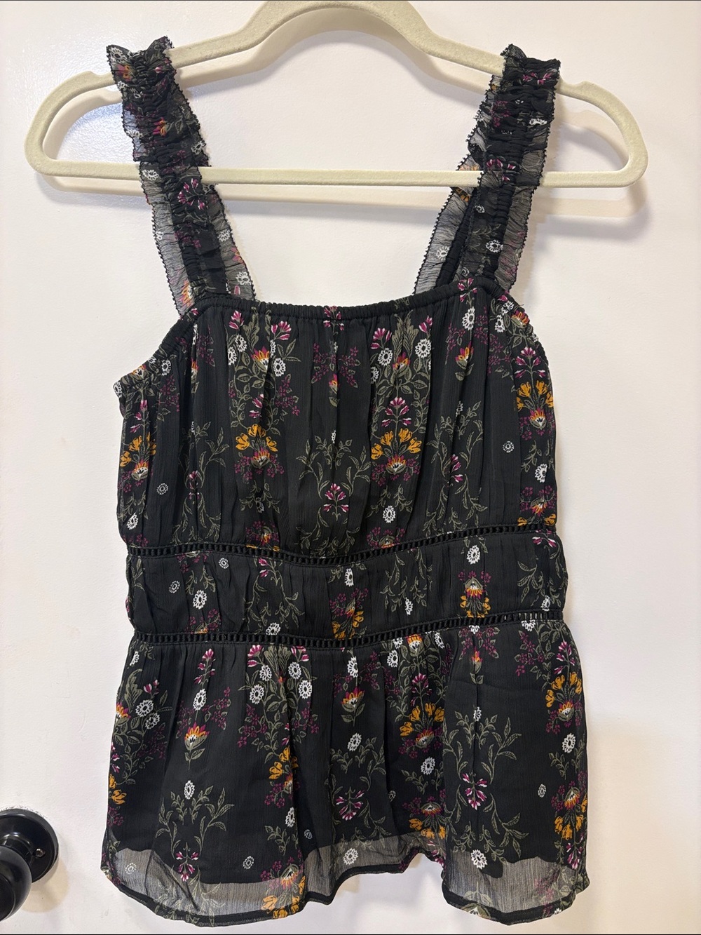 Black Floral Ruffle-Strap Top